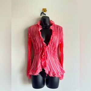 Vintage Y2K Sheer Pink Ruffle Blouse | Bell Sleeve Romantic Fairy Grunge Top